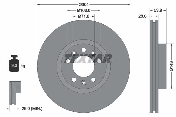 Диск тормозной передний PSA Jumpy III/Expert III 2016-> /Vent D=304mm TEXTAR 92287203