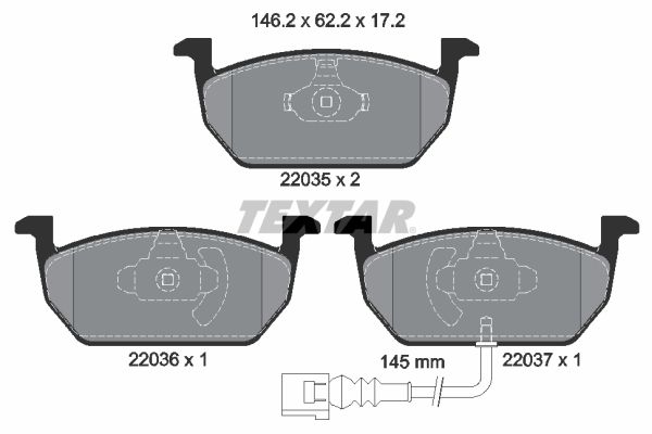 Колодки передние с противошумной пластиной Q+ VAG A3/Leon/Octavia III/Golf VII/Bora/Polo 12-> TEXTAR 2203501