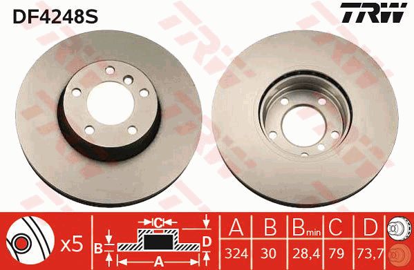 Диск тормозной передний BMW E39 2.0...3.5L,2.0TD...3.0TD /Vent D=324mm TRW DF4248S