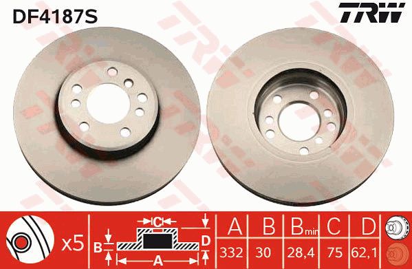 Диск тормозной передний BMW X3(E83)/X(E53) /Vent D=332mm TRW DF4187S