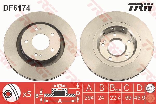 Диск тормозной передний CITROEN C-Cros./MITSUBISHI/PEUGEOT 03->/D=294mm TRW DF6174