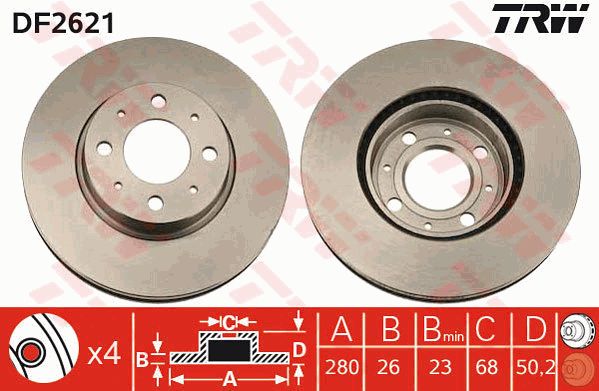 Диск тормозной передний VOLVO 850 91-97 /Vent D=280mm TRW DF2621