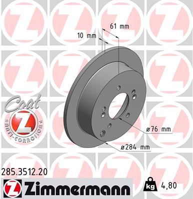 Диск тоpмозной ЗАД. HYUNDAI SANTA FE,TUCSON 4WD,TRAJET 01KIA SPORTAGE 4WD 0 ZIMMERMANN 285351220