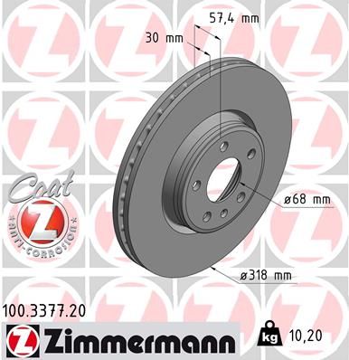 ДИСК ТОРМ AUDI A4/A5/A6/A7/Q5 15- ПЕР ВЕНТ 318X30 (ЦО 68) ZIMMERMANN 100337720