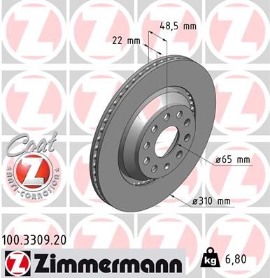 Диск торм.зад. Audi A3, Skoda Superb, VW Passat 04> заказ не менее 2 единиц ZIMMERMANN 100.3309.20