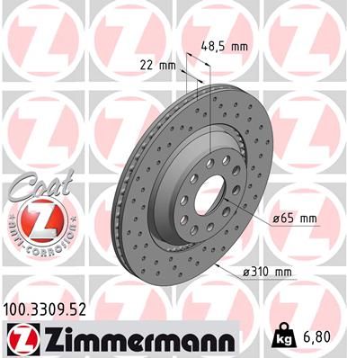 Диск торм.зад. Audi, Skoda, Seat, VW 03> заказ не менее 2 единиц ZIMMERMANN 100.3309.52