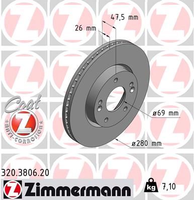 Диск торм.пер. hyundai coupe, sportage, kia tucson заказ не менее 2 единиц ZIMMERMANN 320.3806.20