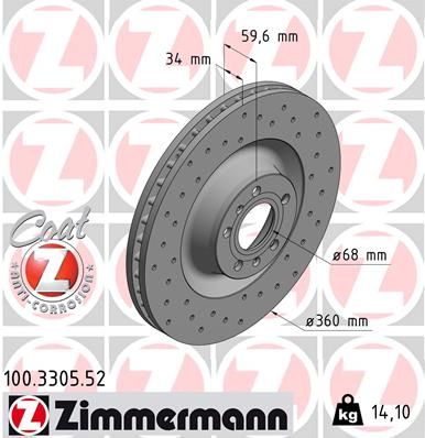 Диск тормозной AUDI A8/VW PHAETON 02- ПЕР ВЕНТ SPORT 360X34 ZIMMERMANN 100330552