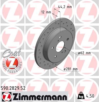 Диск тормозной TOYOTA/LEXUS RAV4/NX 14- задн. перфорированый D 281мм. ZIMMERMANN 590282952