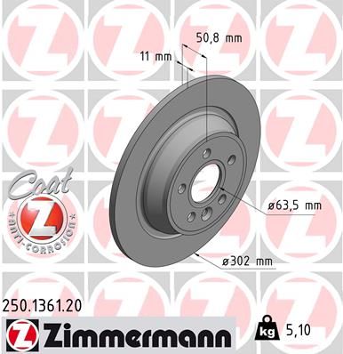 Диск тормозной зад. Ford Kuga, Mondeo, S-Max, Focus 05 заказ не менее 2 единиц ZIMMERMANN 250.1361.20