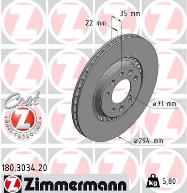 Диск тормозной задний с покрытием COAT Z CITROЕN Jumpy 3 16-> / PEUGEOT Expert 16->/ TOYOTA ZIMMERMANN 180.3034.20