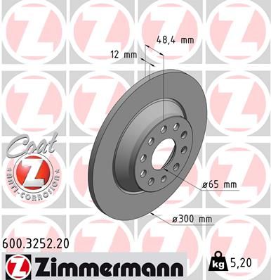 Диск тормозной задний с покрытием COAT Z VAG A3/Q3/TT/Arteon/Golf7/Passat8/Tiguan/Kodiaq ZIMMERMANN 600.3252.20