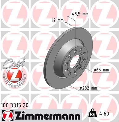 Диск тормозной задний с покрытием COAT Z VAG AUDI/SEAT/SKODA/VW ZIMMERMANN 100.3315.20