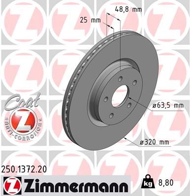 Диск тормозной передний FORD FocusIII 2.0ST/2.0TDCi/KugaII/Toutneo Connect ZIMMERMANN 250137220