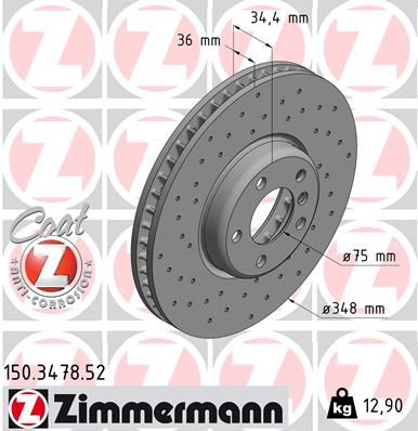 Диск тормозной передний L перфорированный BMW 5-F07/F10/F11/F18 6-F06/F12/F13 7-F01/02/03/04 ZIMMERMANN 150.3478.52