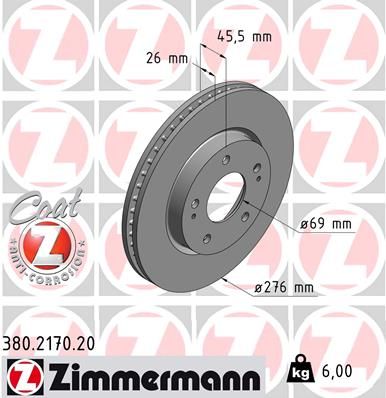 Диск тормозной передний MITSUBISHI LANCER IX ZIMMERMANN 380.2170.20