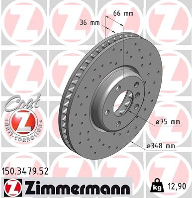 Диск тормозной передний R перфорированный BMW 5-F07/F10/F11/F18 6-F06/F12/F13 7-F01/02/03/04 ZIMMERMANN 150.3479.52