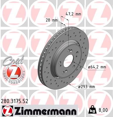 Диск тормозной передний перфорированный HONDA ZIMMERMANN 280.3175.52