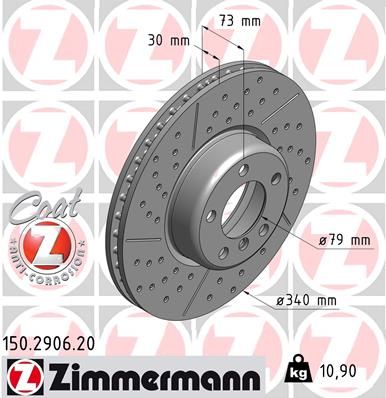 Диск тормозной передний перфорированный с покрытием BMW 1-F20/F21 2-F22/F23 3-F30/F31/F34/F35 4-F33/36 ZIMMERMANN 150.2906.20