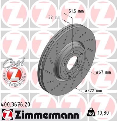 Диск тормозной передний перфорированный с покрытием COAT Z MB CLS-C218/X218 11-17 ZIMMERMANN 400.3676.20