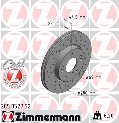 Диск тормозной передний перфорированный с покрытием SPORT COAT Z HYUNDAI Elantra 05->/i30 11-> / KIA Ceed 12->/PRO ZIMMERMANN 285.3527.52