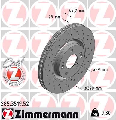 Диск тормозной передний перфорированный с покрытием SPORT COAT Z ZIMMERMANN 285.3519.52