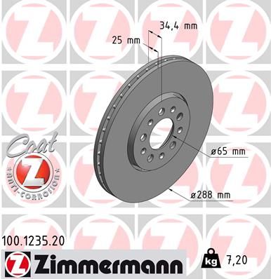 Диск тормозной передний с покрытием COAT Z VAG A1/3/Leon/Fabia/OctaviaI/Rapid/GolfIV/Polo 96- ZIMMERMANN 100.1235.20