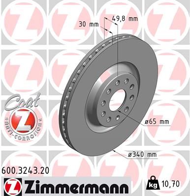 Диск тормозной передний с покрытием COAT Z VAG A3/Q2/Q3/Octavia/Kodiaq/Golf 7/8/Passat B7/B8 ZIMMERMANN 600.3243.20