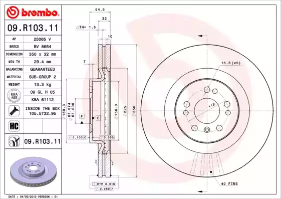 Диск тормозной MERCEDES ML W164/GLx164/R W251 05 передний вент. D=350 мм . BREMBO 09.R103.11