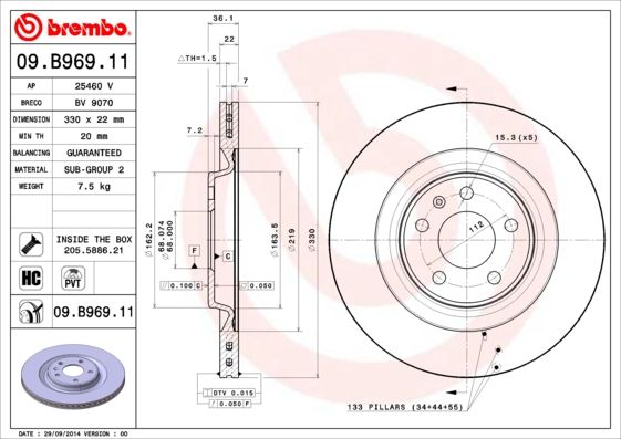 Диск тормозной задний AUDI A4/A5/S5/A6/S6/A7/A8/Q5/Q7 / PORSCHE Macan BREMBO 09.B969.11