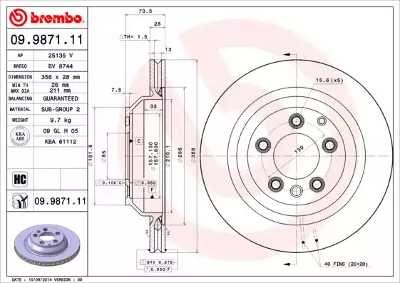 Диск тормозной задний AUDI Q7 06->/Cayenne/Touareg 03-> /Vent.D=358mm BREMBO 09.9871.11