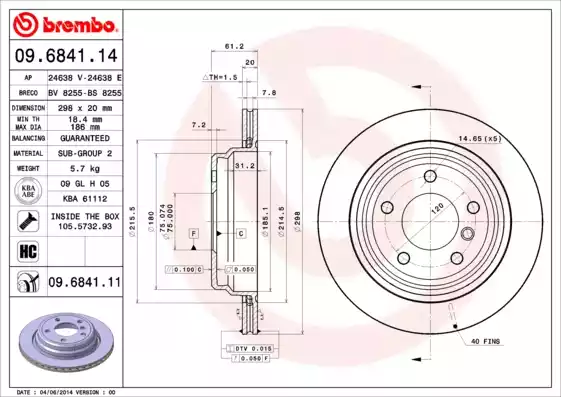 Диск тормозной задний BMW E39 528/535/540 /Vent D=296mm BREMBO 09.6841.11