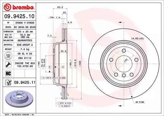 Диск тормозной задний BMW E60 04-> /Vent D=320mm BREMBO 09.9425.11