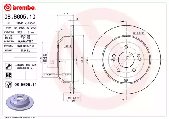 Диск тормозной задний HYUNDAI Santa Fe 12->/KIA Sorento 10-> /D=302mm BREMBO 08.B605.10