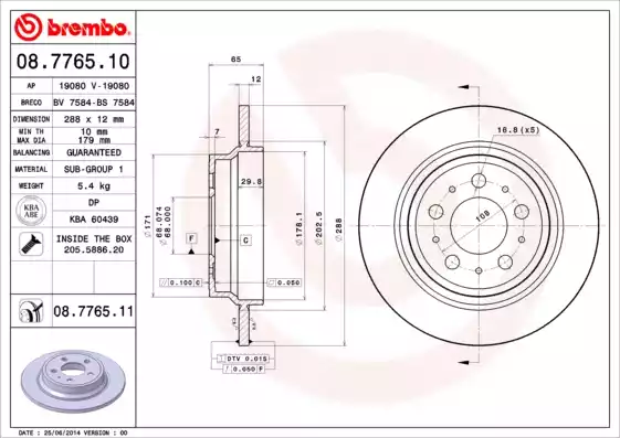 Диск тормозной задний VOLVO S60/S80/V70/XC70 BREMBO 08.7765.11