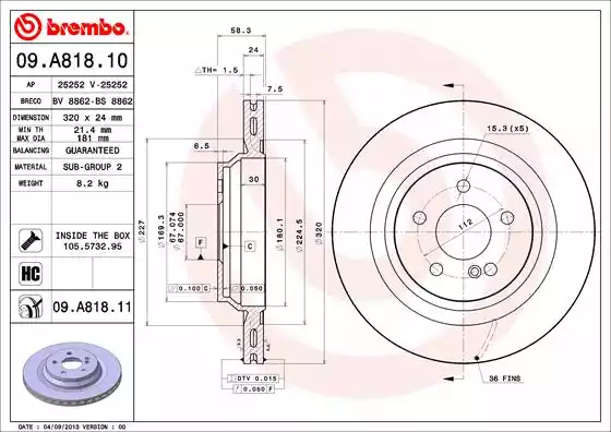 Диск тормозной задний с покрытием MB S-class C216/W221/W/V/X/222 SL-R230 BREMBO 09.A818.11