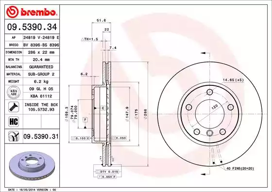 Диск тормозной передний BMW E36/E46 excl.2.5/3.0L all 91-> Vent D=286mm BREMBO 09.5390.31