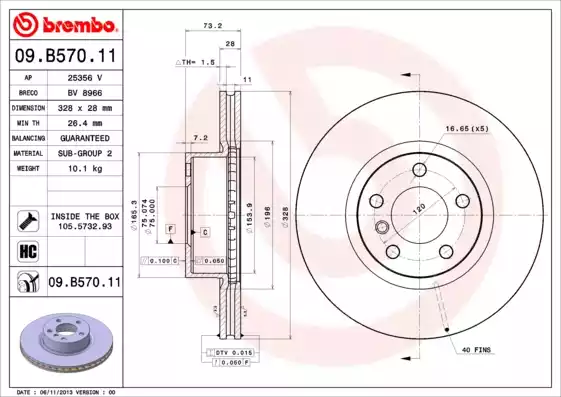 Диск тормозной передний BMW X3-F25 10-17 / X4-F26 14-18 BREMBO 09.B570.11