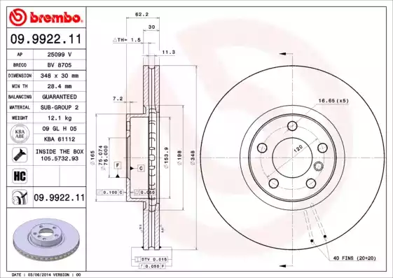 Диск тормозной передний BMW X5 E70/F15 / X6 E71/E72/F16 BREMBO 09.9922.11