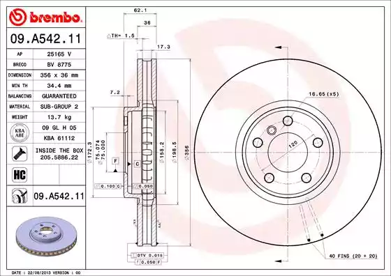 Диск тормозной передний BMW X5(E53) 02-> /Vent.D=356mm BREMBO 09.A542.11