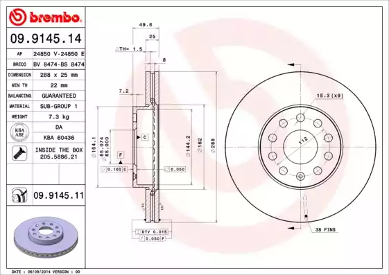 Диск тормозной передний BREMBO 09.9145.11