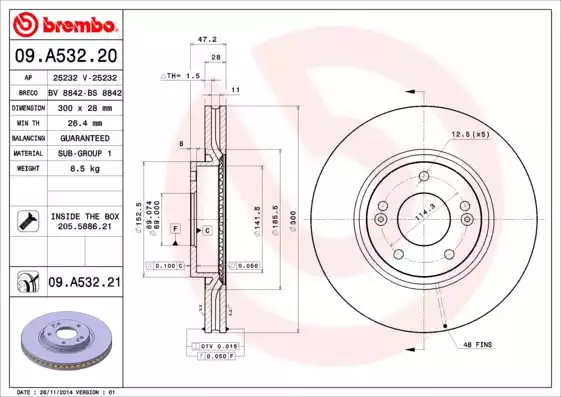 Диск тормозной передний HYUNDAI i30 II/Grandeur/Veloster /Vent D=300mm BREMBO 09.A532.20