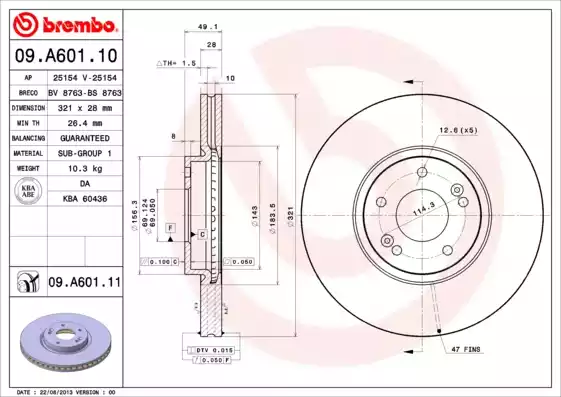 Диск тормозной передний HYUNDAI Santa Fe 04-12 BREMBO 09.A601.10