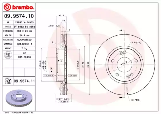 Диск тормозной передний HYUNDAI Tucson/Sonata/Elantra BREMBO 09.9574.10