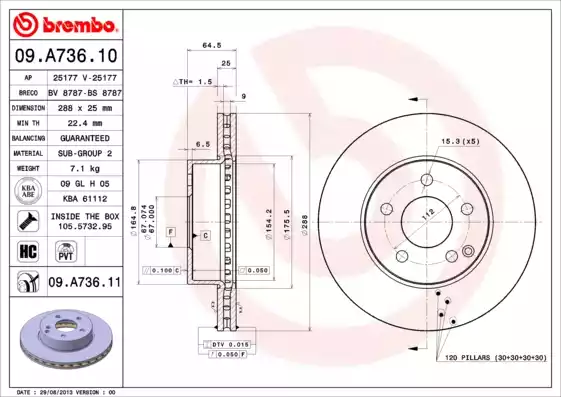 Диск тормозной передний MB W204 180C/180GDI/200CDI 07-> /Vent D=288mm BREMBO 09.A736.11