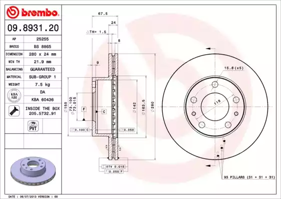 Диск тормозной передний PEUGEOT/FIAT Ducato Sollers /D=280mm BREMBO 09.8931.20