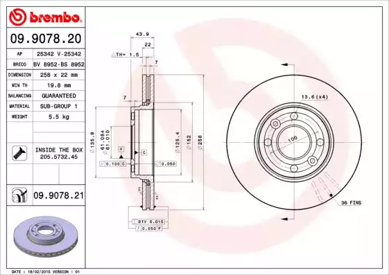 Диск тормозной передний RENAULT Clio IV/Kangoo II/LADA Vesta 2015-> BREMBO 09.9078.20