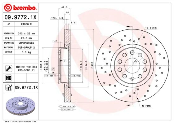 Диск тормозной передний VAG+Skoda all 03-> /Brembo Xtra D=312mm BREMBO 09.9772.1X