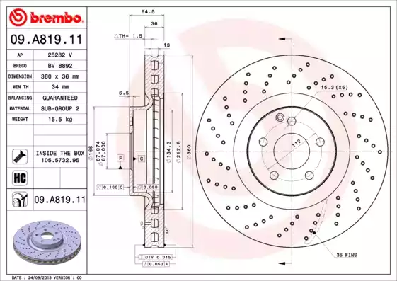 Диск тормозной передний перфорированный mb w211 s211 r230 r172 02 mb BREMBO 09.A819.11