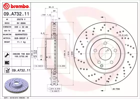 Диск тормозной передний перфорированный MB W221 05-> excl.AMG BREMBO 09.A732.11